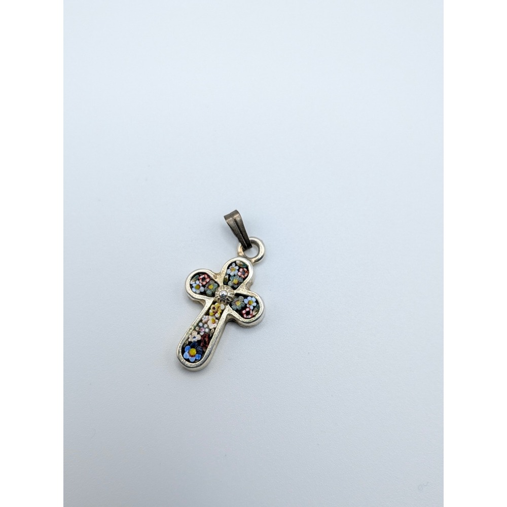 Vintage Italian Micro Mosaic Cross Pendant Millefiori Floral Silver Tone Italy
